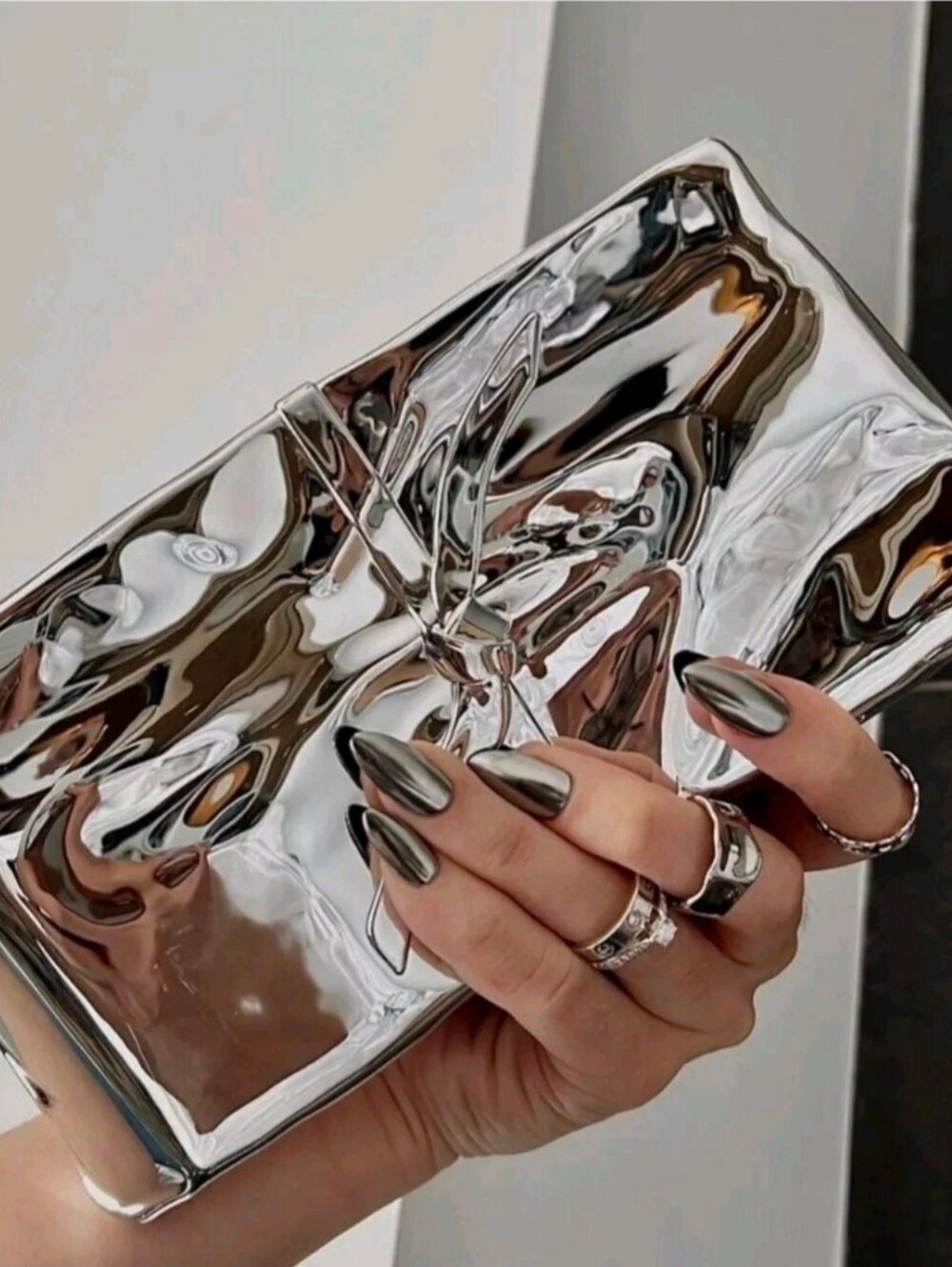 Zara Metallic Minaudiere Box Clutch Bag Chain Reflective Silver 6509/310 New